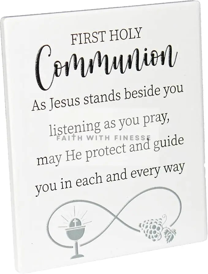 First Holy Communion Ceramic Message Plaque, 12 x 14 cm, White and Black, Standing or Wall Mount CBC Distributors