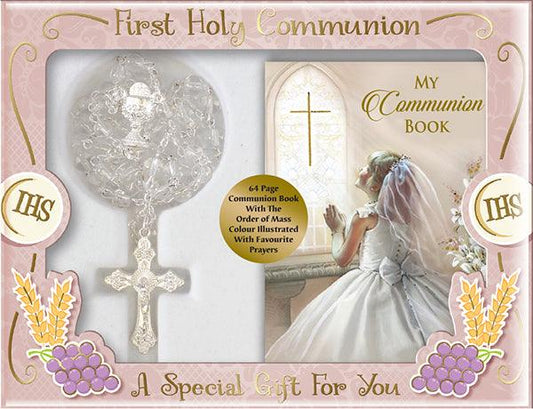 Holy Communion Glass Rosary And Prayer Book For A Girl