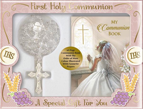 Holy Communion Glass Rosary And Prayer Book For A Girl CBC Distributors