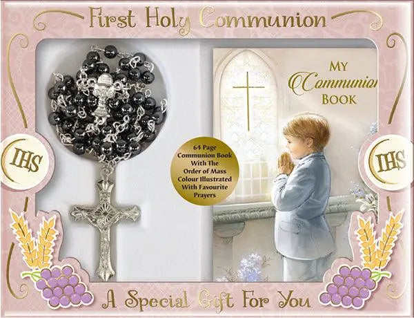 Holy Communion Imitation Hematite Rosary For A Boy Prayer Book CBC Distributors