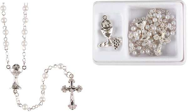 Holy Communion Imitation Pearl Rosary With Chalice Medal Set CBC Distributors