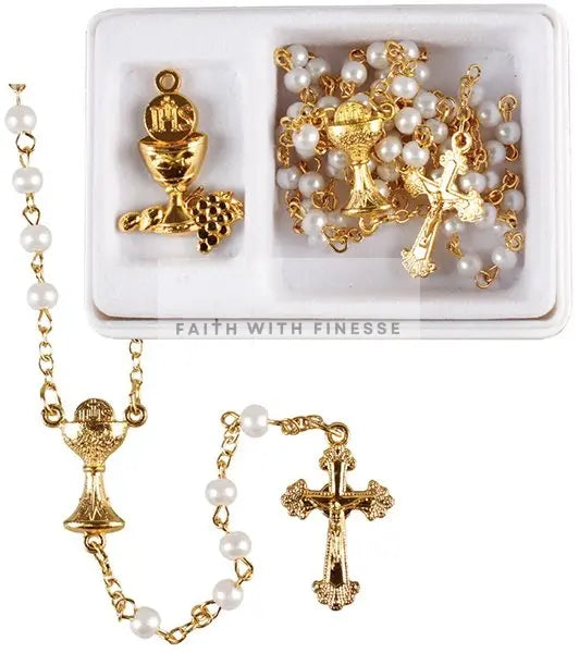 Holy Communion Imitation Pearl Rosary Gold Coloured Wire With Chalice Medal Set CBC Distributors