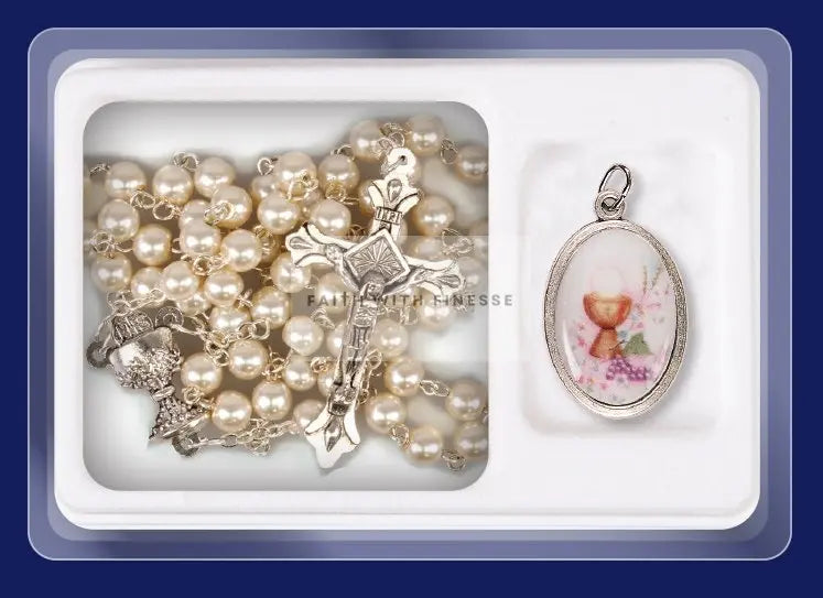 Holy Communion Imitation Hematite Rosary With Picture Medal Set CBC Distributors