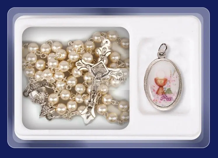 Holy Communion Imitation Pearl Rosary With Picture Medal Set CBC Distributors