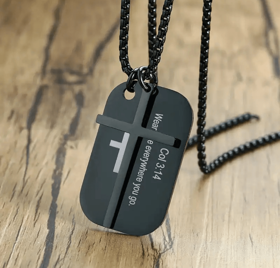 FWF Mens Black Stainless Steel Dog Tag With Cross Necklace With Extracts from Scriptures 2 Faith With Finesse
