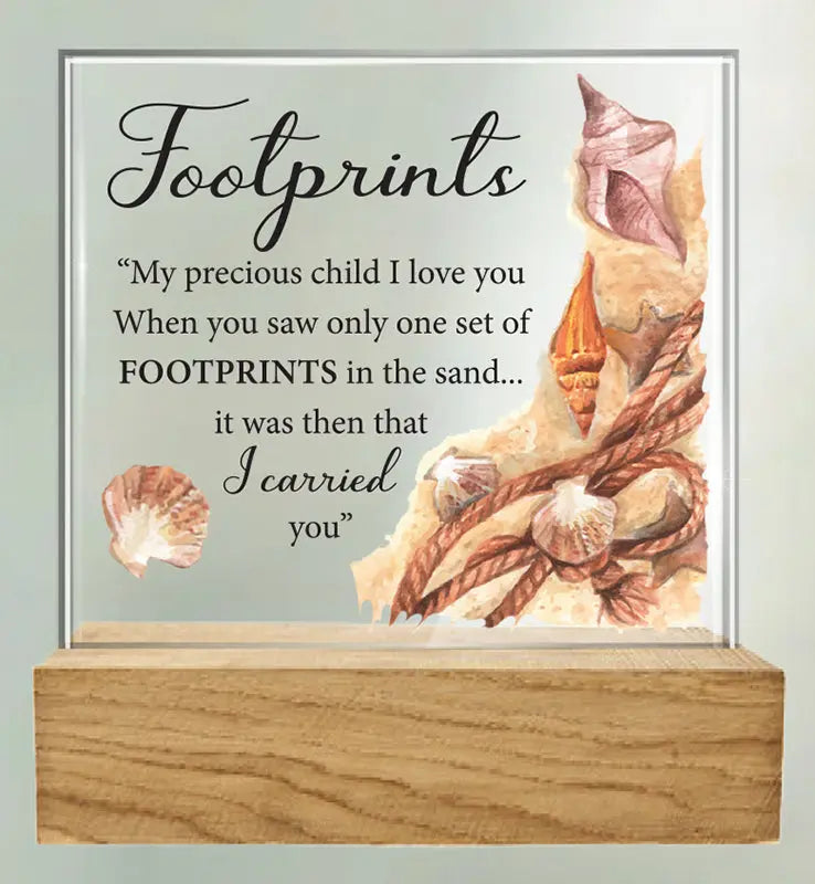 Footprints Glass Plaque - Wood Base CBC Distributors
