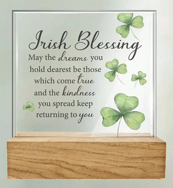 Irish Blessing Glass Plaque With Wood Base CBC Distributors