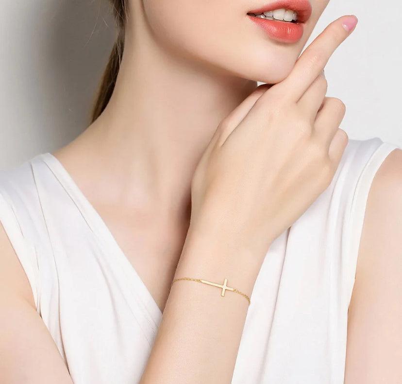 FWF Sterling Silver - 14K Gold Plated Cross Charm Bracelet