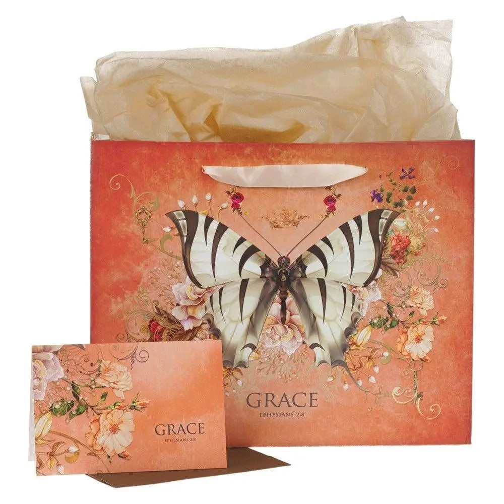 Grace - Ephesians 2:8 Red Large Landscape Gift Bag w/Card & Tissue Paper Set Faith With Finesse