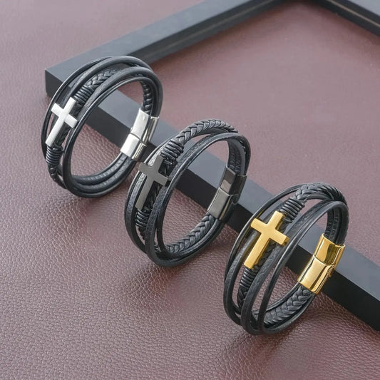 FWF Mens Stainless Steel Cross Multi-Layer Leather Bracelet Faith With Finesse