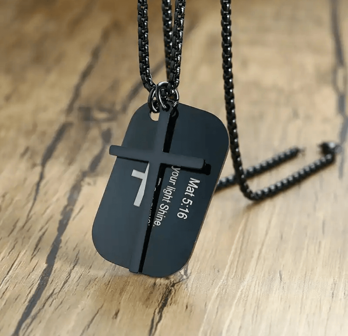 FWF Mens Black Stainless Steel Dog Tag With Cross Necklace With Extracts from Scriptures Faith With Finesse