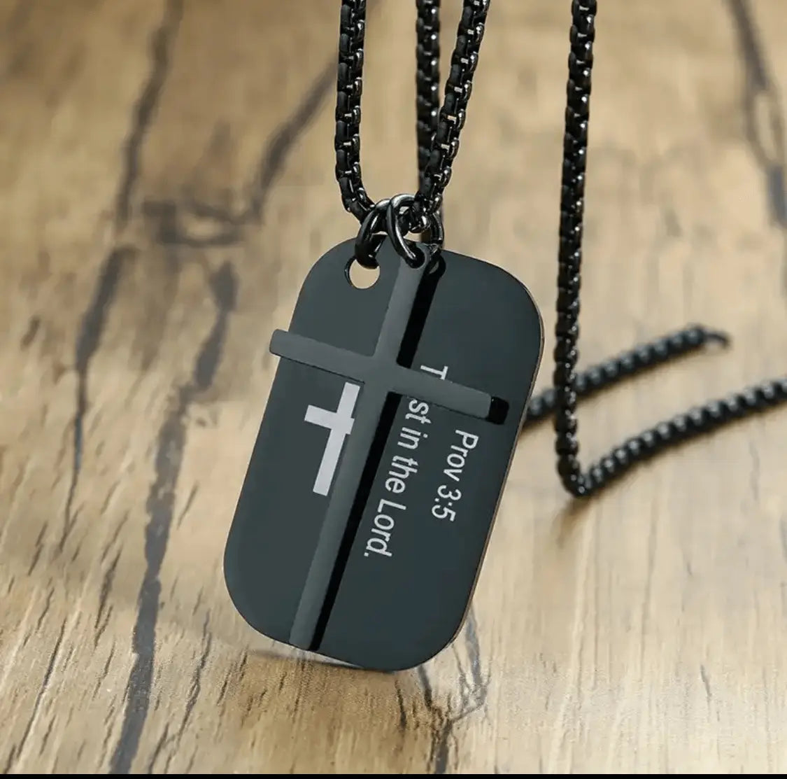 FWF Mens Black Stainless Steel Dog Tag With Cross Necklace With Extracts from Scriptures 1 Faith With Finesse