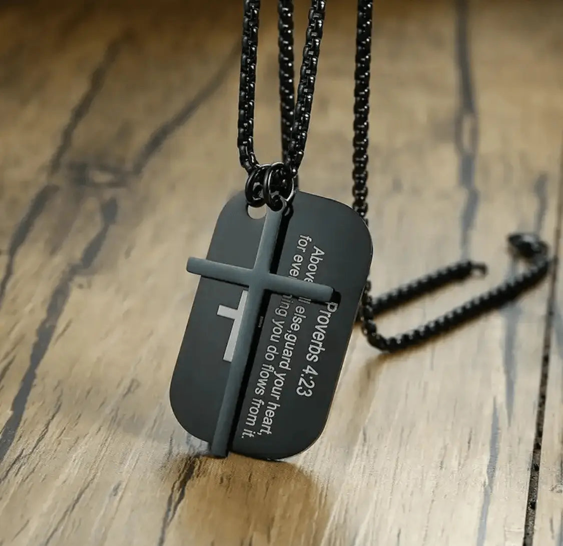 FWF Mens Black Stainless Steel Dog Tag With Cross Necklace With Extracts from Scriptures 1 Faith With Finesse