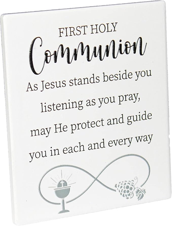 First Holy Communion Ceramic Message Plaque, 12 x 14 cm, White and Black, Standing or Wall Mount