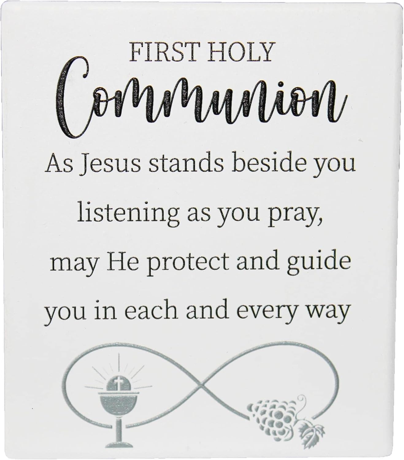 First Holy Communion Ceramic Message Plaque, 12 x 14 cm, White and Black, Standing or Wall Mount