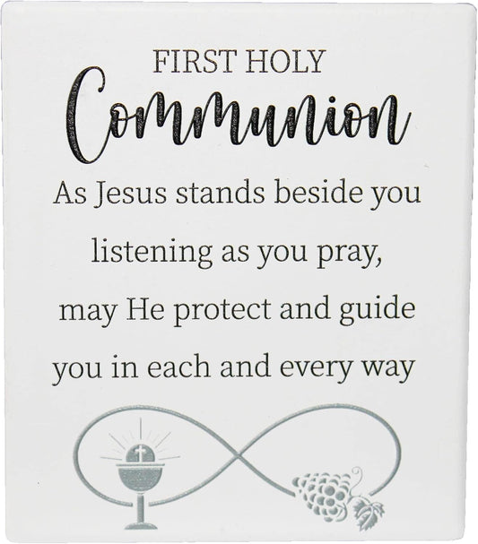 First Holy Communion Ceramic Message Plaque, 12 x 14 cm, White and Black, Standing or Wall Mount