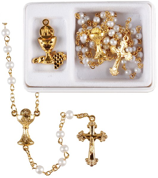 Holy Communion Imitation Pearl Rosary Gold Coloured Wire With Chalice Medal Set CBC Distributors