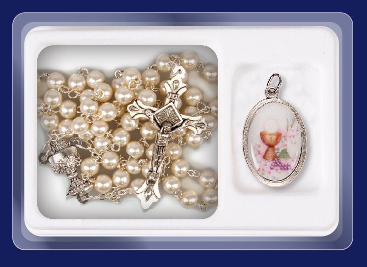 Holy Communion Imitation Pearl Rosary With Picture Medal Set CBC Distributors