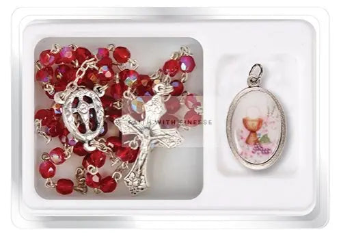 Holy Communion Ruby Glass Rosary With Picture Medal Set CBC Distributors