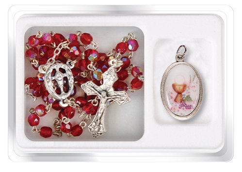 Holy Communion Ruby Glass Rosary With Picture Medal Set CBC Distributors
