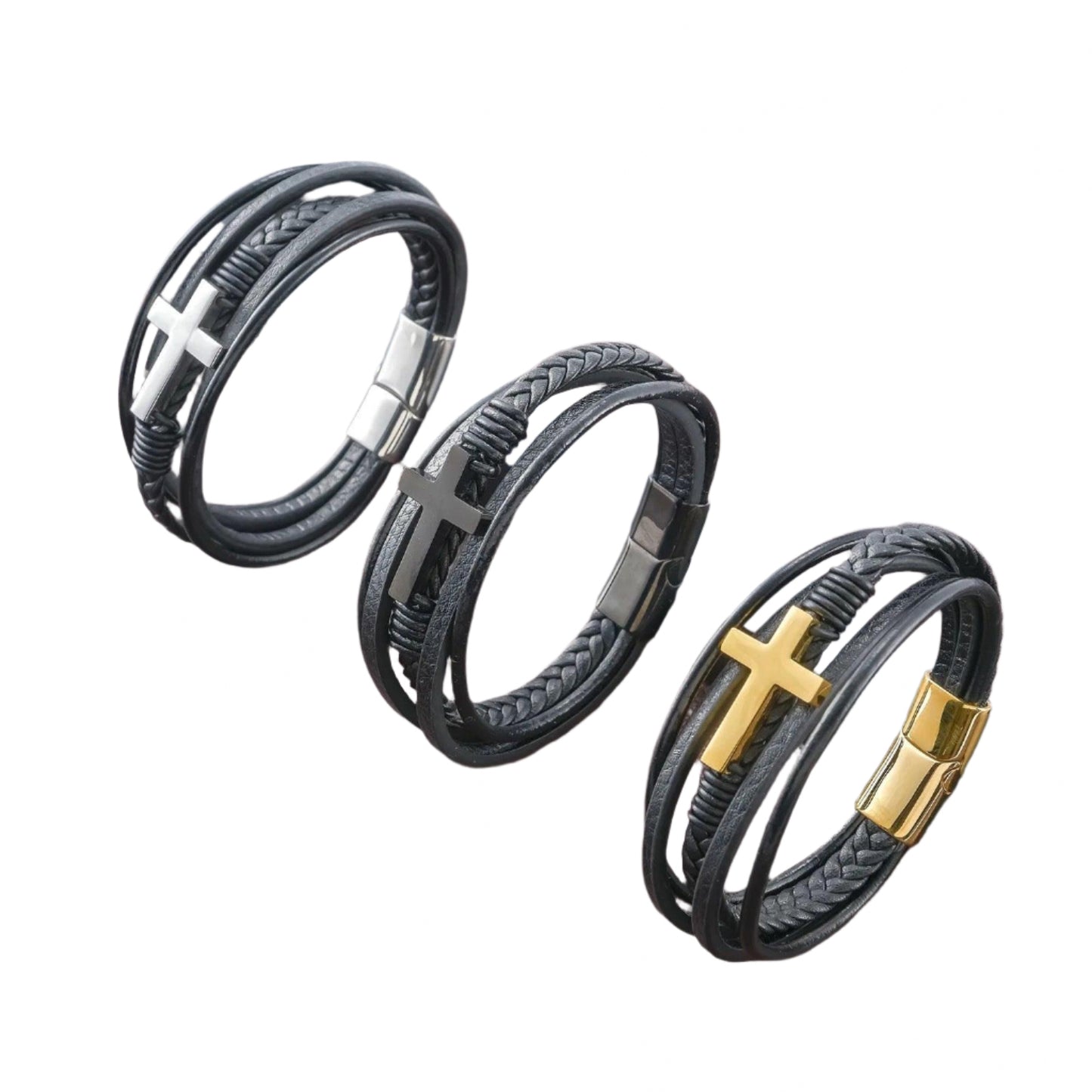 FWF Mens Black Stainless Multi Layer Leather Bracelet