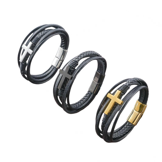 FWF Mens Black Stainless Multi Layer Leather Bracelet