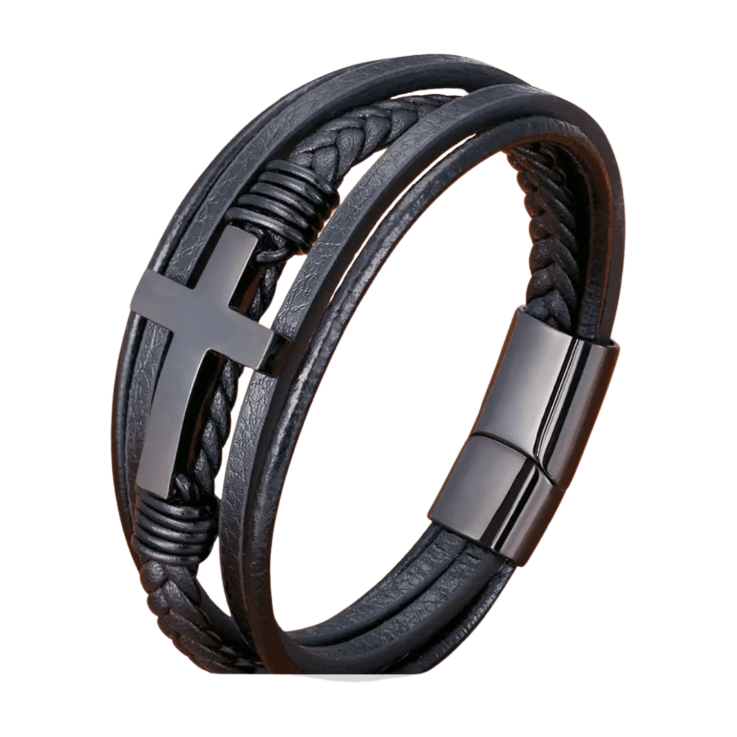 FWF Mens Black Stainless Multi Layer Leather Bracelet