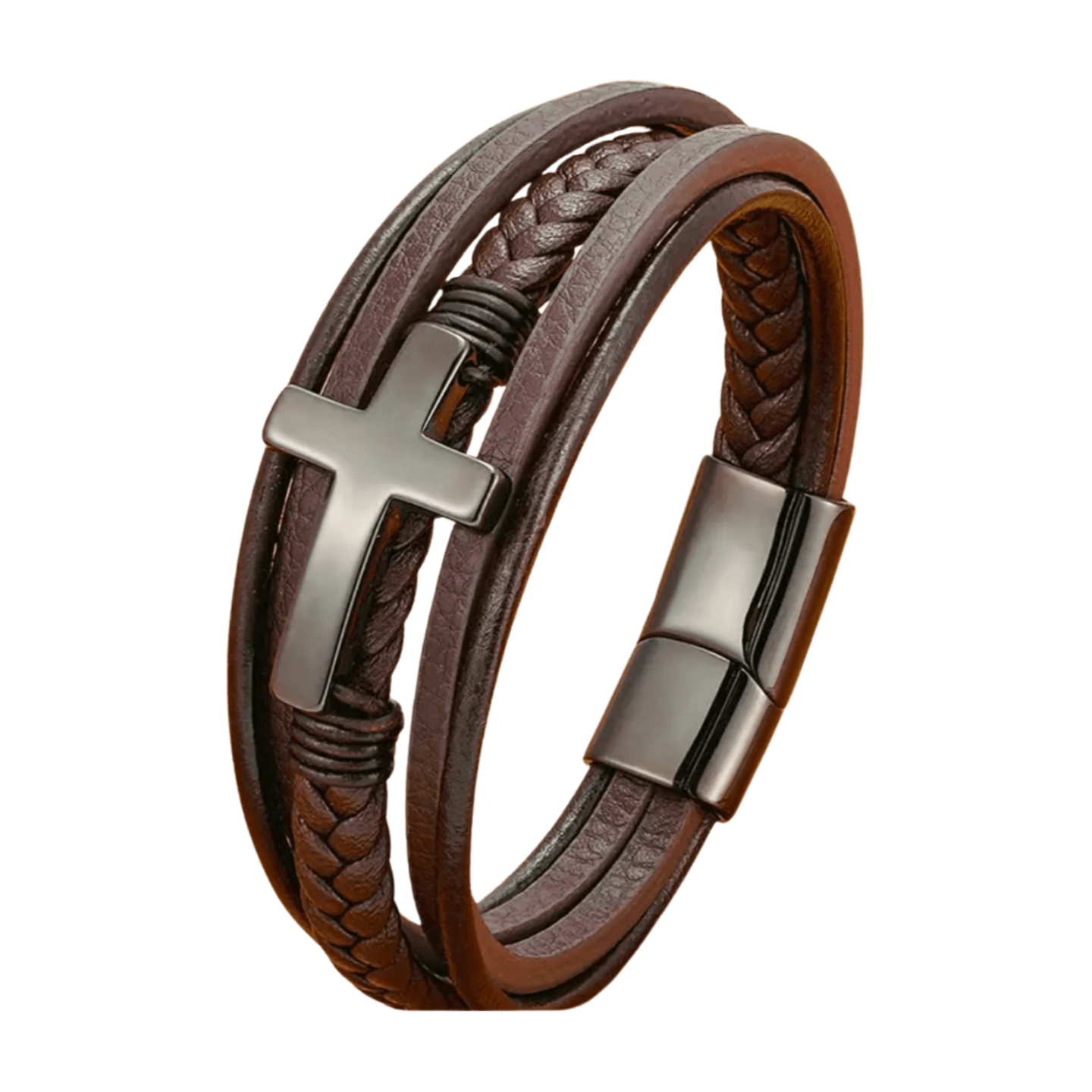 FWF Mens Black Stainless Multi Layer Leather Bracelet