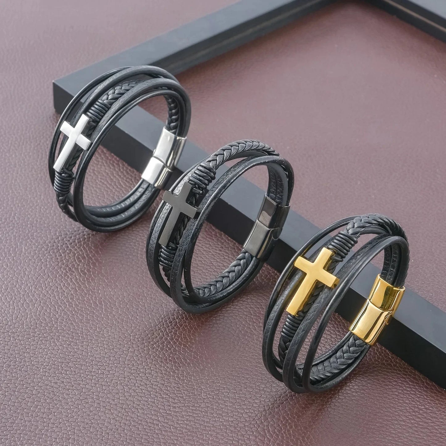FWF Mens Stainless Steel Cross Multi-Layer Leather Bracelet