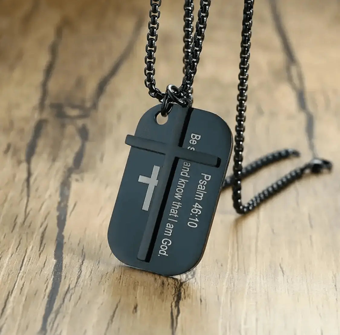 FWF Mens Black Stainless Steel Dog Tag With Cross Necklace With Extracts from Scriptures 1 Faith With Finesse